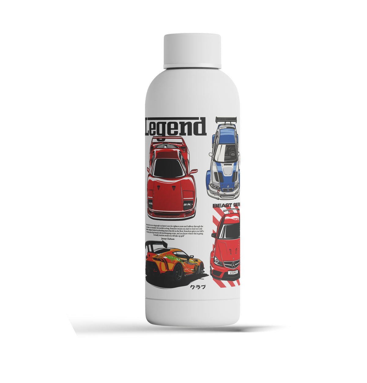 A white cylindrical bottle with a screw cap, featuring a graphic label with illustrations of classic cars and the word 'legend' in bold black letters, shown on a white background with a soft shadow.