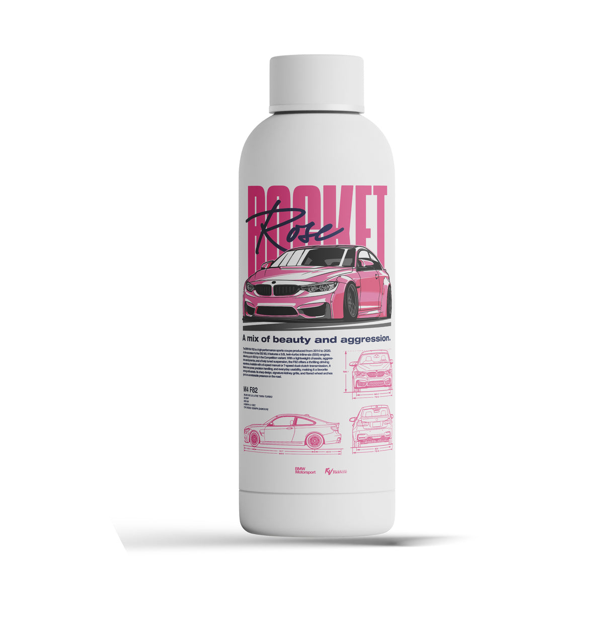 RideVerse Pink BMW M4 F82 500ml stainless steel bottle with technical blueprint artwork