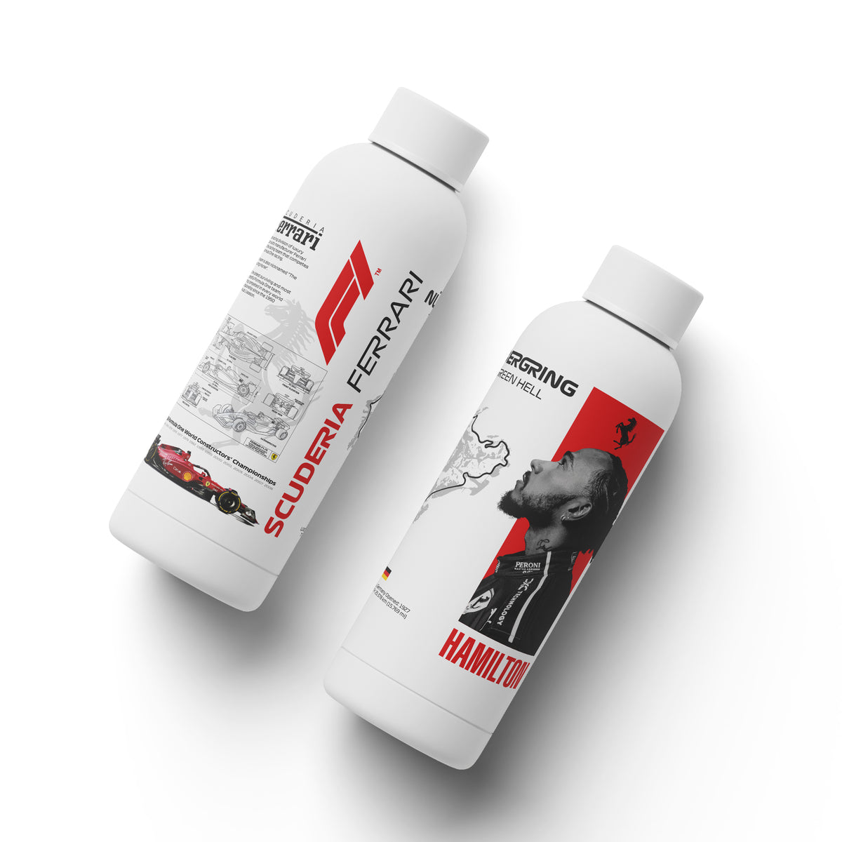 Lewis Hamilton F1 tribute bottle featuring wrap-around racing and technical artwork
