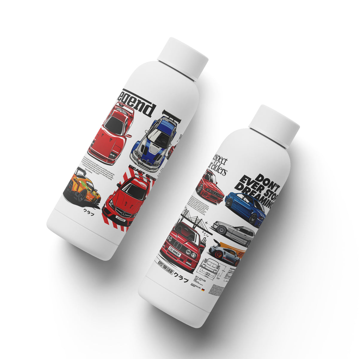 RideVerse Legendary Icons 500ml stainless steel bottle featuring iconic performance cars